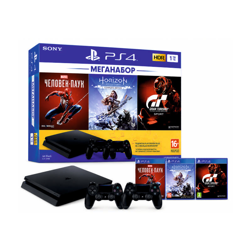 Консоль Sony PlayStation 4 SLIM 1TB Black обслугована + 2 Геймпада бездротових DualShock 4 + коробка + 3 гри + гарантія Б/В